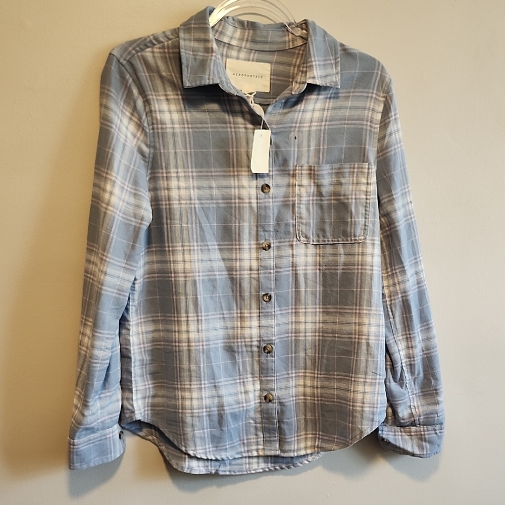 NWT Aeropostale Baby Blue And Pink Plaid Casual Button Down Shirt